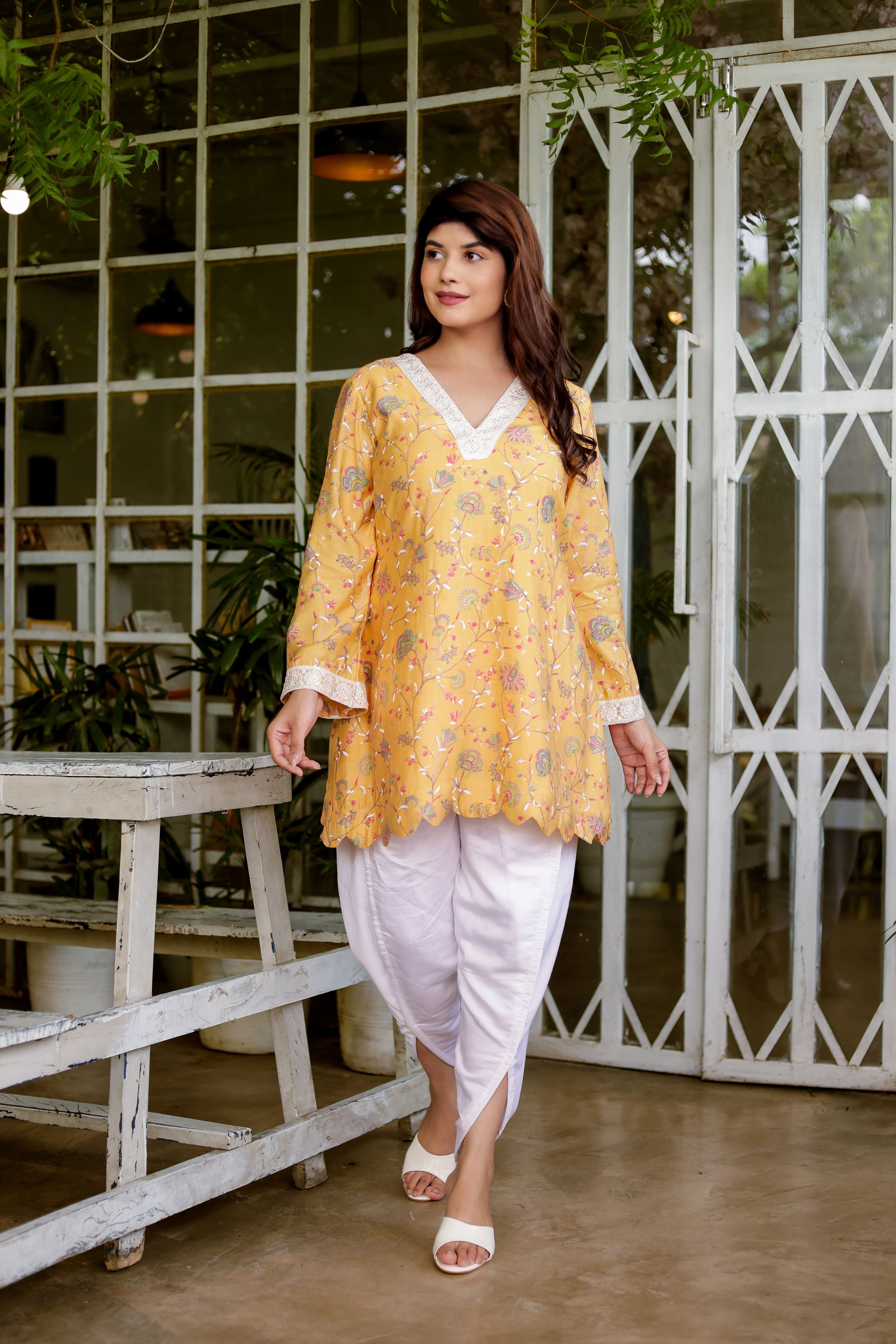 Mustard Yellow Printed Kurta Dhoti Ethnic Set
