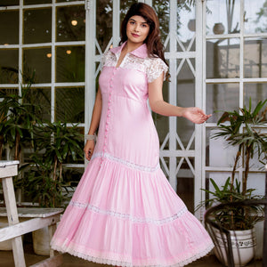 Pink Layered White Lace Dress