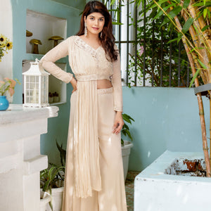 Beige Pearl Work Drape Top Palazzo Fusion Set