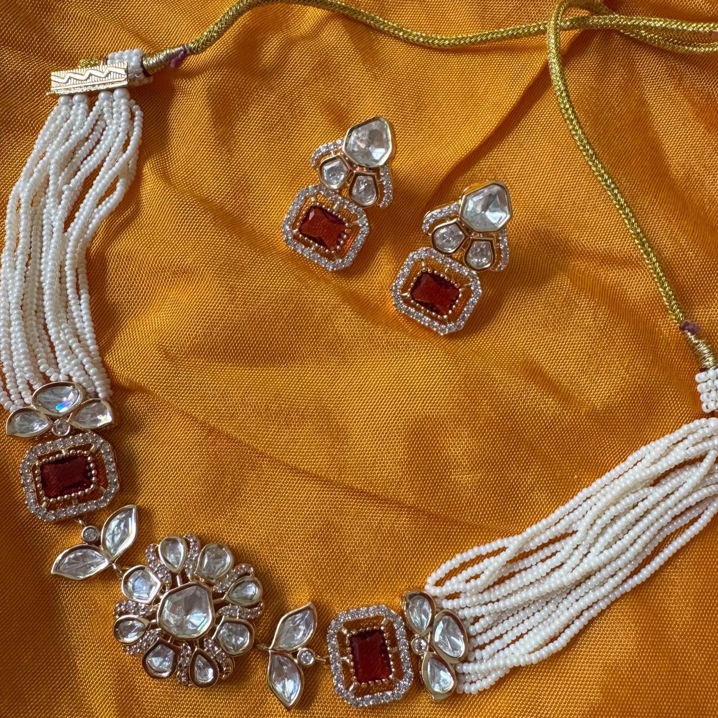 Pearl Ruby Choker Necklace Errings Set