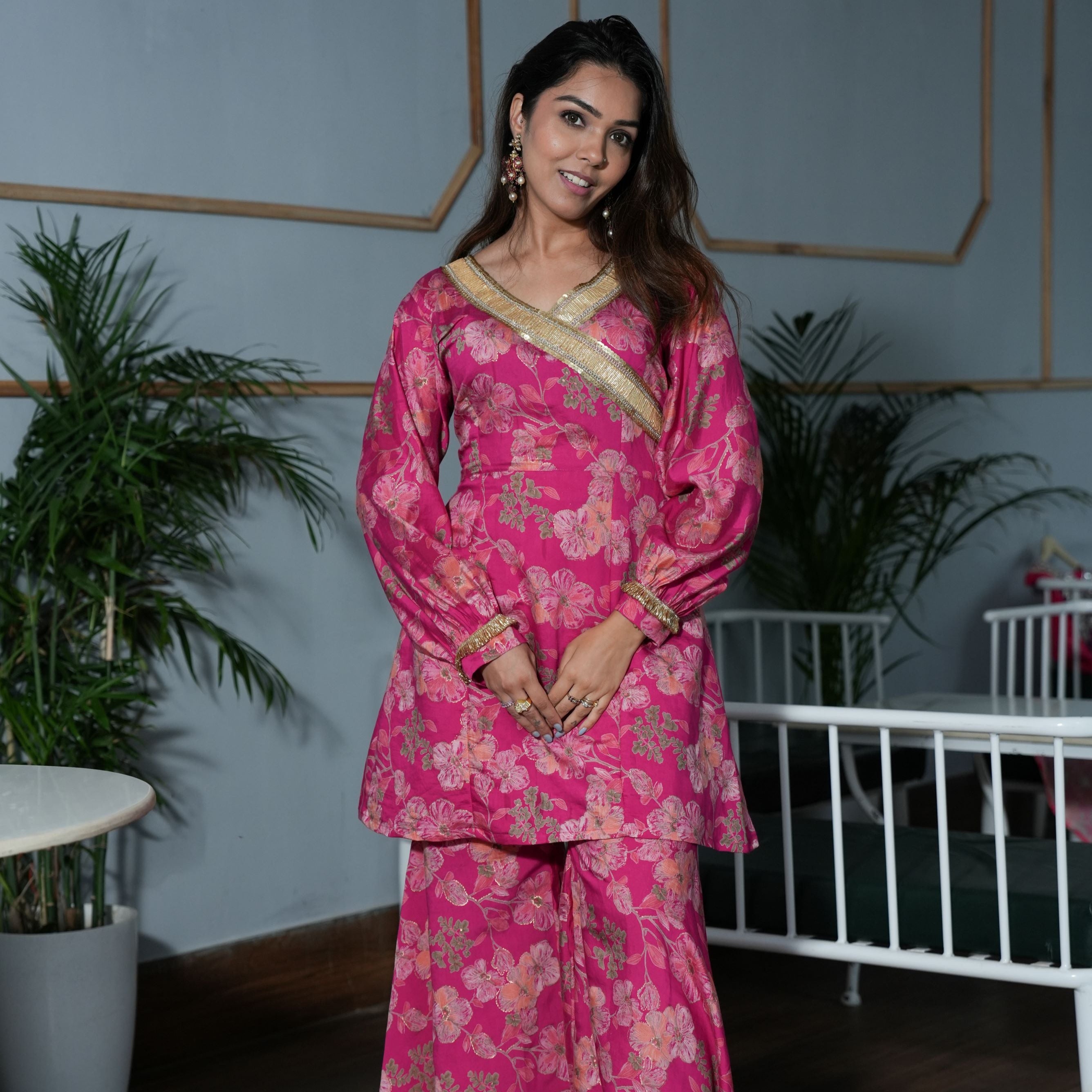 Pink Print On Print kurta Garara Ethnic set