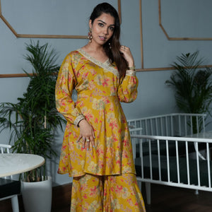 Mustard Print on Print Kurta Garara Ethnic Set