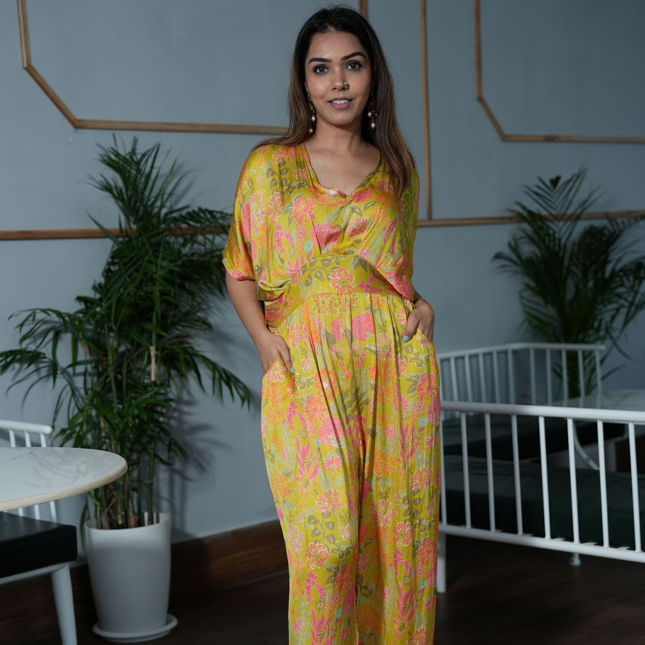 Mustard Green Floral Printed Jumpsuit