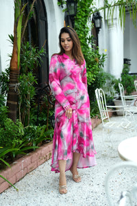 Pink Printed Satin Ethnic Dress