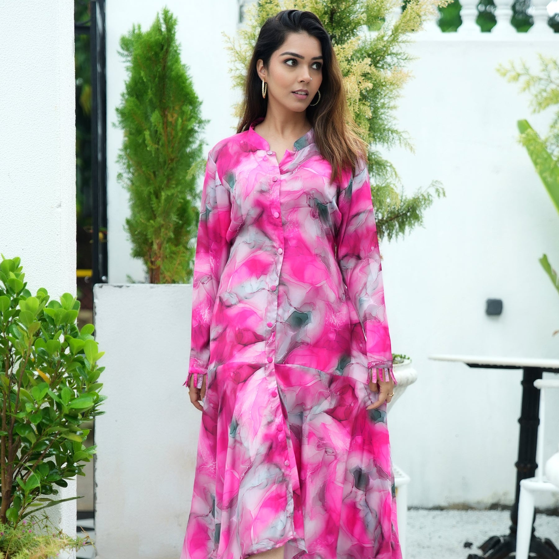 Pink Printed Satin Ethnic Dress