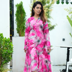 Pink Printed Satin Ethnic Dress