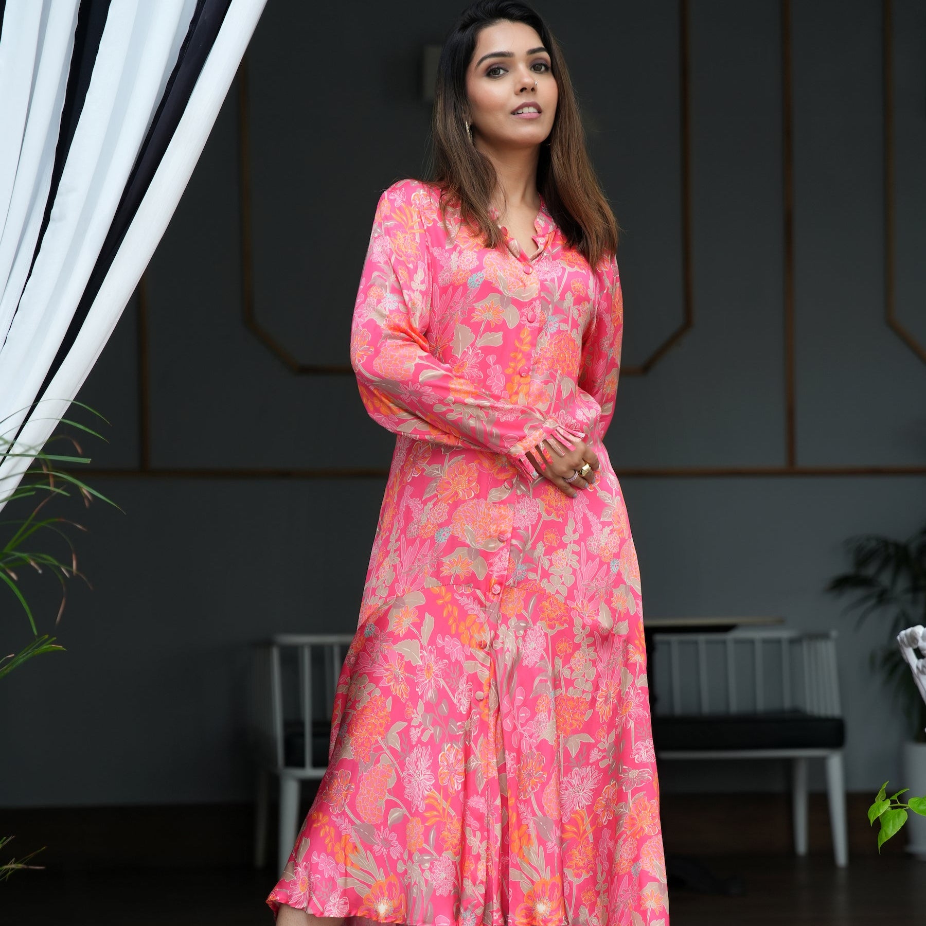 Red Printed Satin Ethnic Dress
