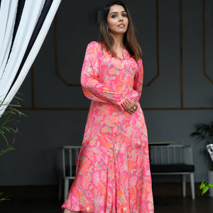 Red Printed Satin Ethnic Dress