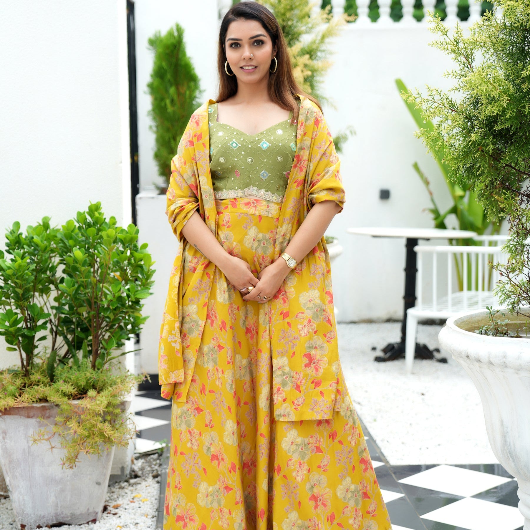 Mustard Printed Skirt, Cape And Green Embroidered Top Ethnic Set