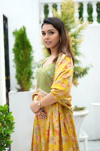 Mustard Printed Skirt, Cape And Green Embroidered Top Ethnic Set