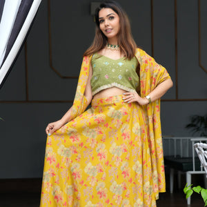 Mustard Printed Skirt, Cape And Green Embroidered Top Ethnic Set