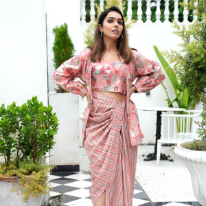 Pale Pink Grey Abstract Jacket Crop Top Drape Skirt Ethnic Set