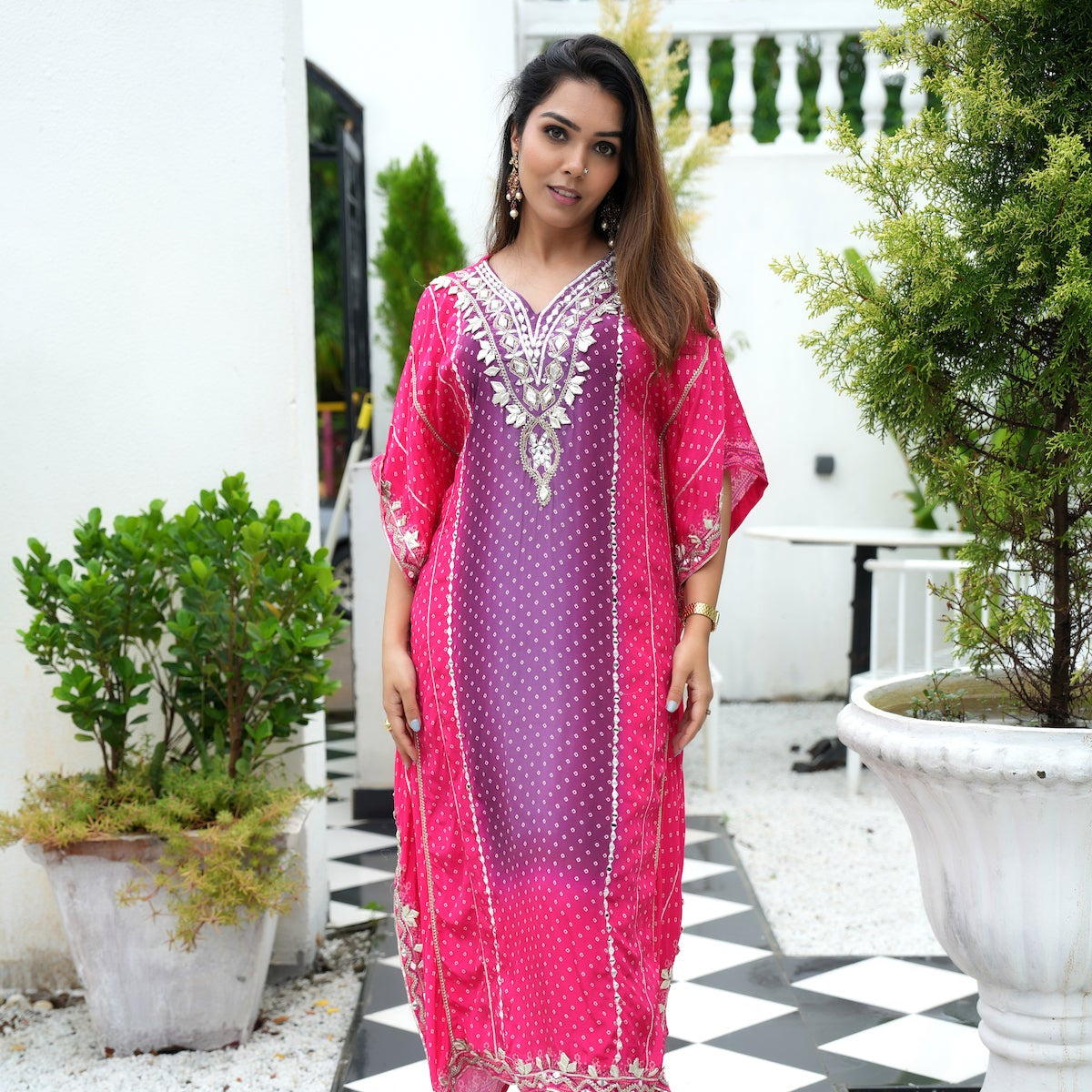 Purple Pink Gota Work Ethnic Kaftan Set