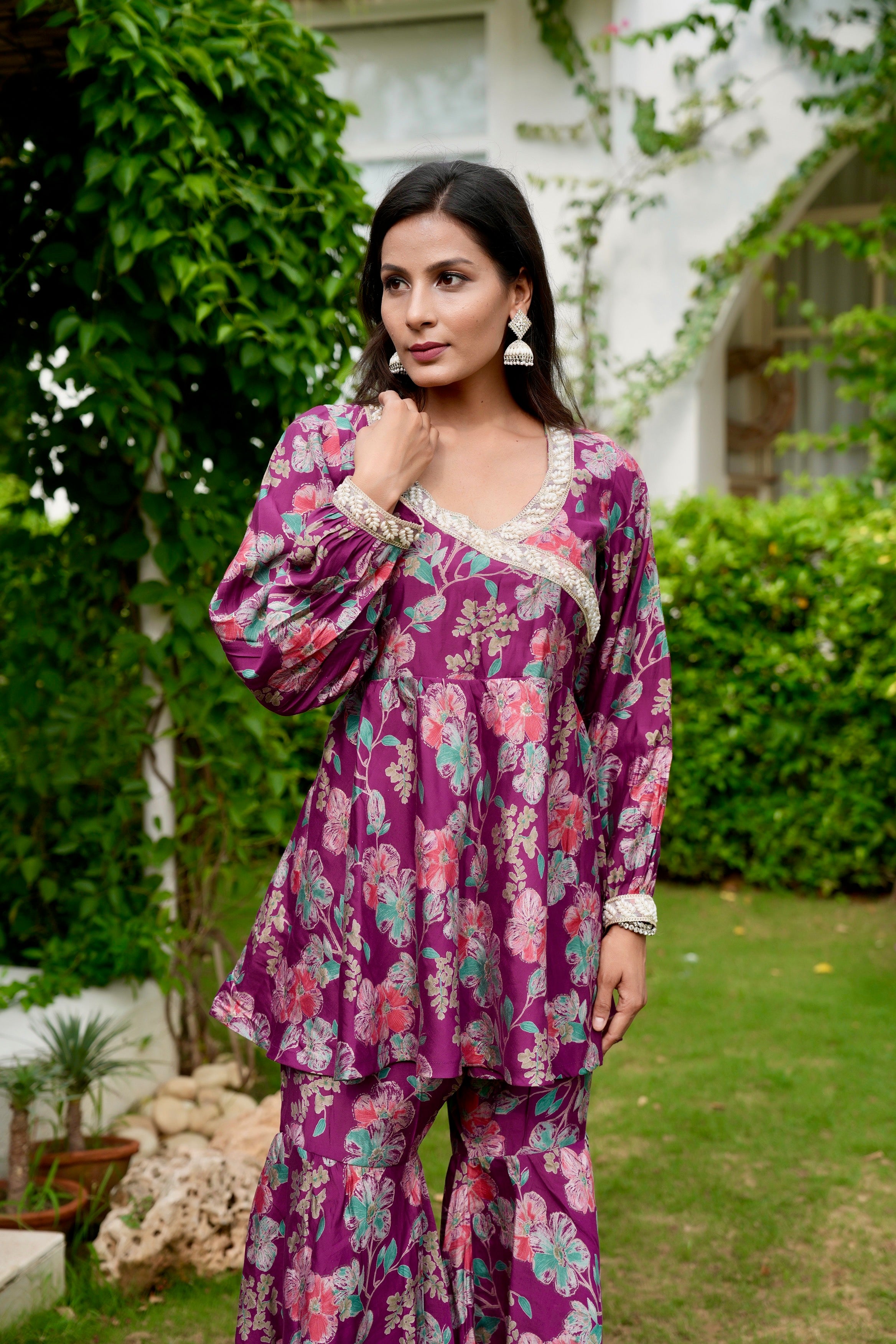 Purple Print on Print Kurta Garara Ethnic Set