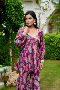 Purple Print on Print Kurta Garara Ethnic Set