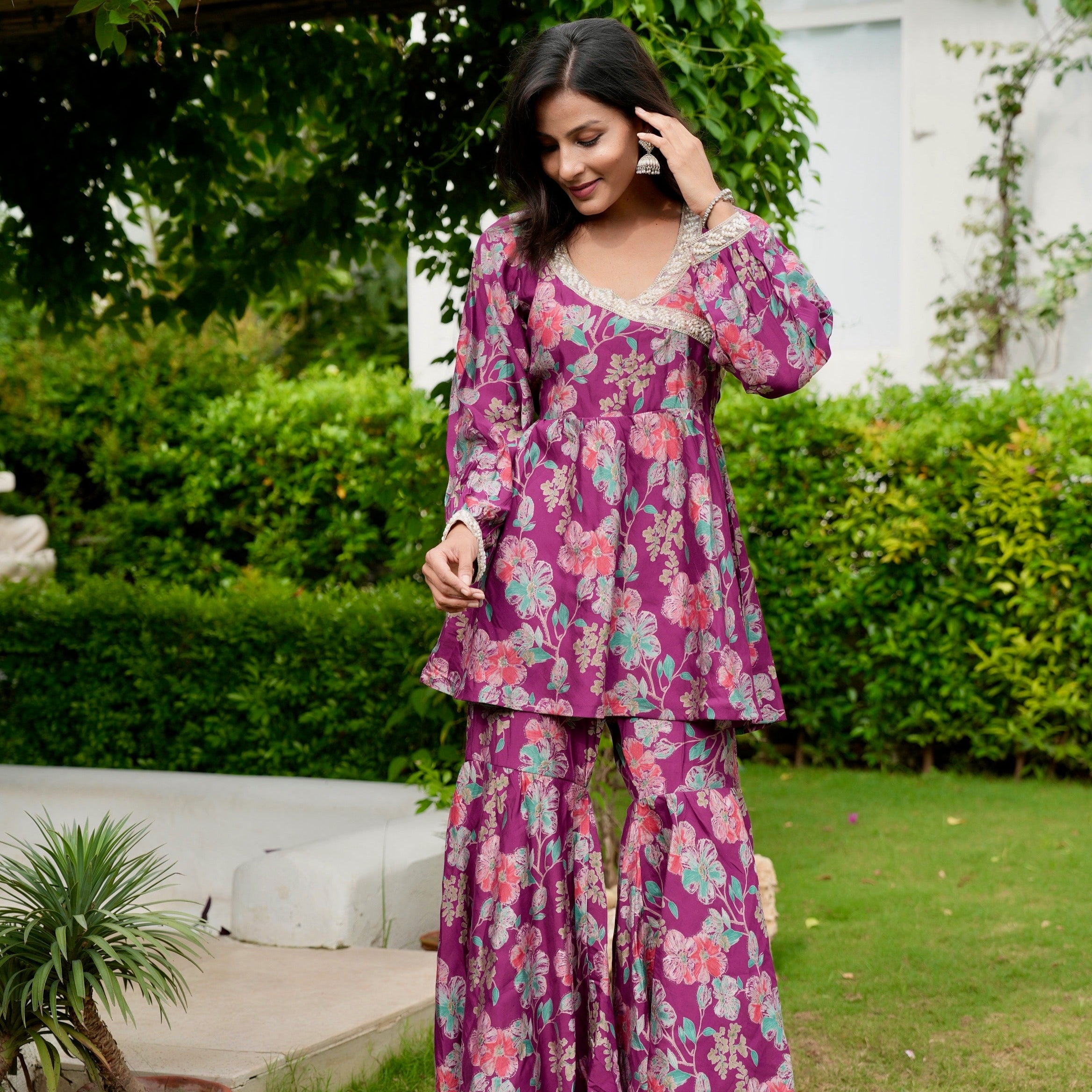 Purple Print on Print Kurta Garara Ethnic Set