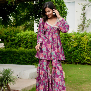 Purple Print on Print Kurta Garara Ethnic Set