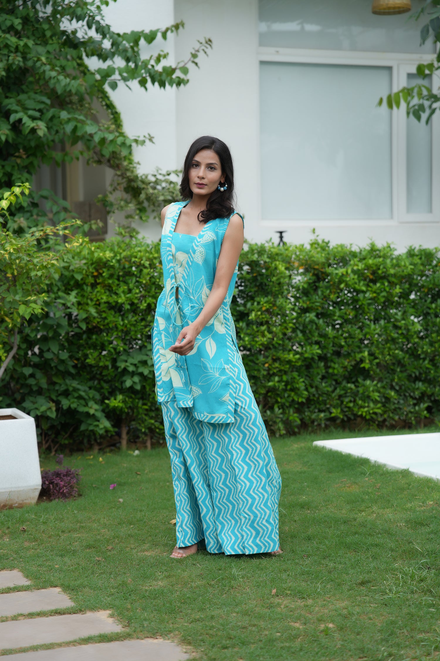 Turquoise Jacket Crop Top Palazzo Ethnic Set