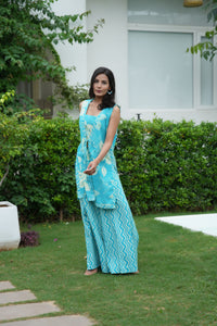 Turquoise Jacket Crop Top Palazzo Ethnic Set