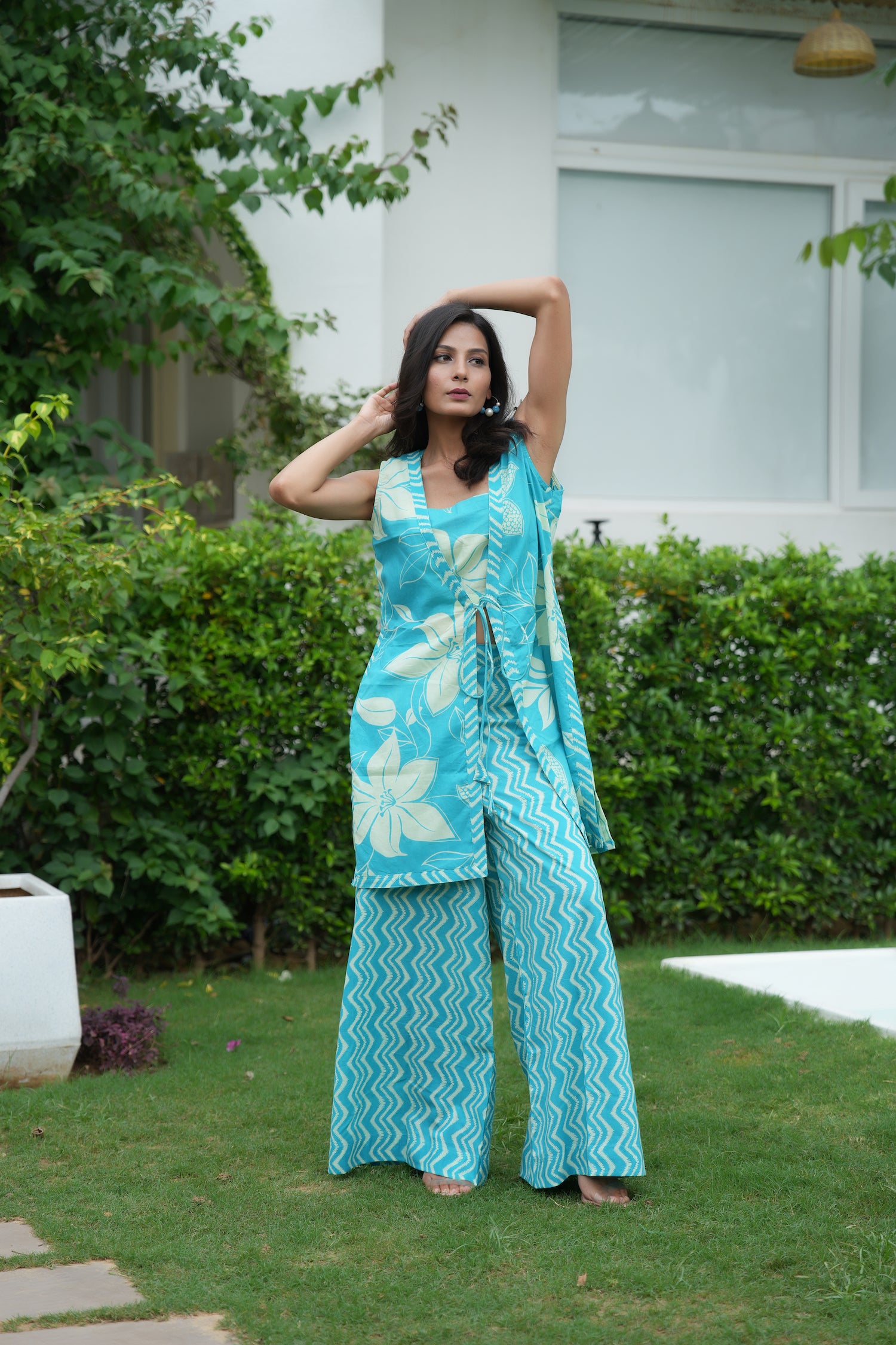 Turquoise Jacket Crop Top Palazzo Ethnic Set
