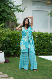 Turquoise Jacket Crop Top Palazzo Ethnic Set