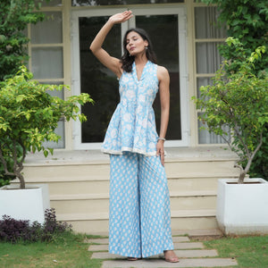Blue Halter Neck Kurta Palazzo Co-Ord Set