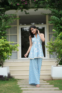Blue Halter Neck Kurta Palazzo Co-Ord Set