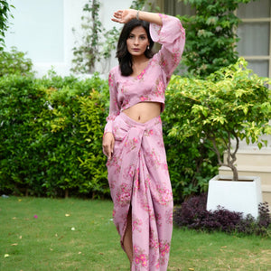 Pink Floral Printed Drape Skirt Crop Top Co-Ord Set