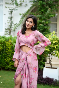 Pink Floral Printed Drape Skirt Crop Top Co-Ord Set