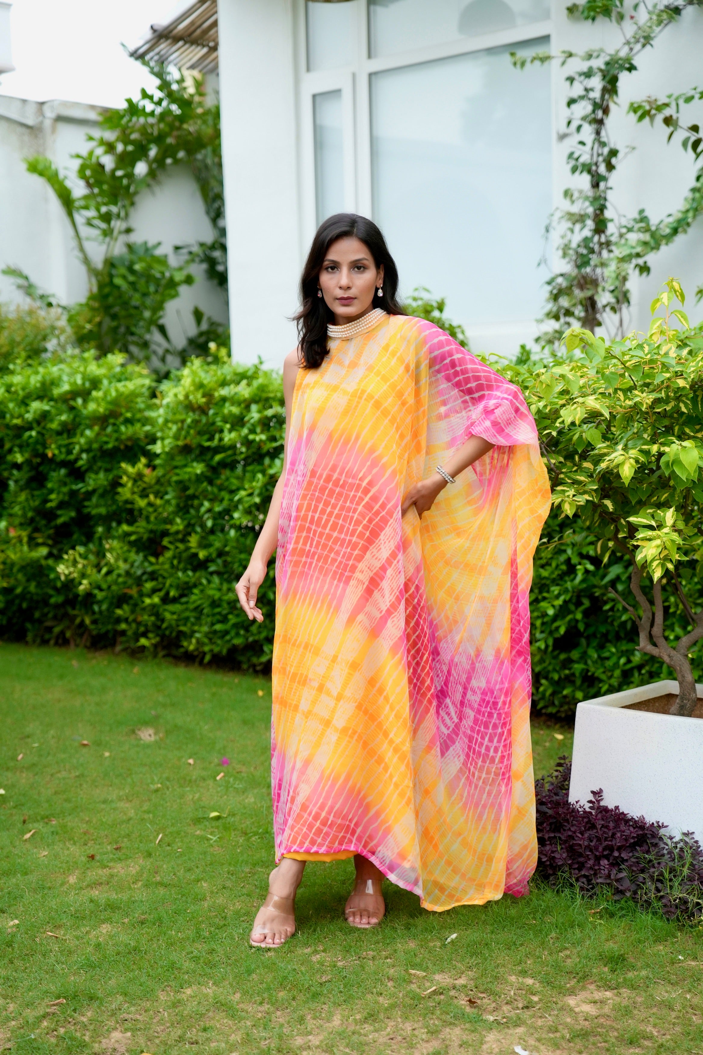 Pink Yellow striped Drape  Kaftan