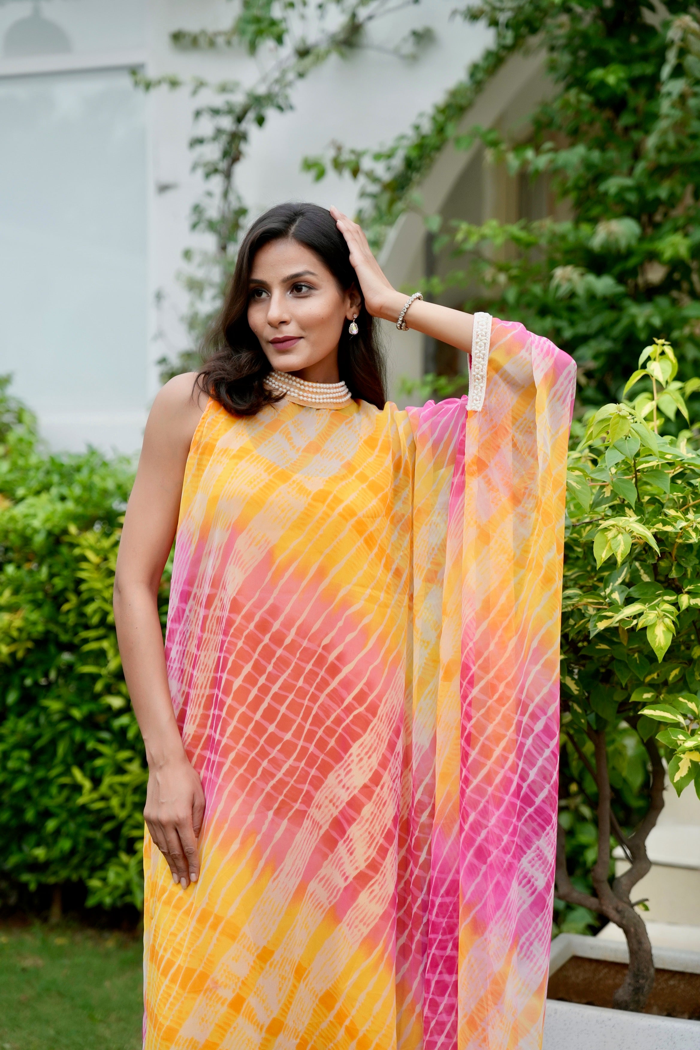 Pink Yellow striped Drape  Kaftan