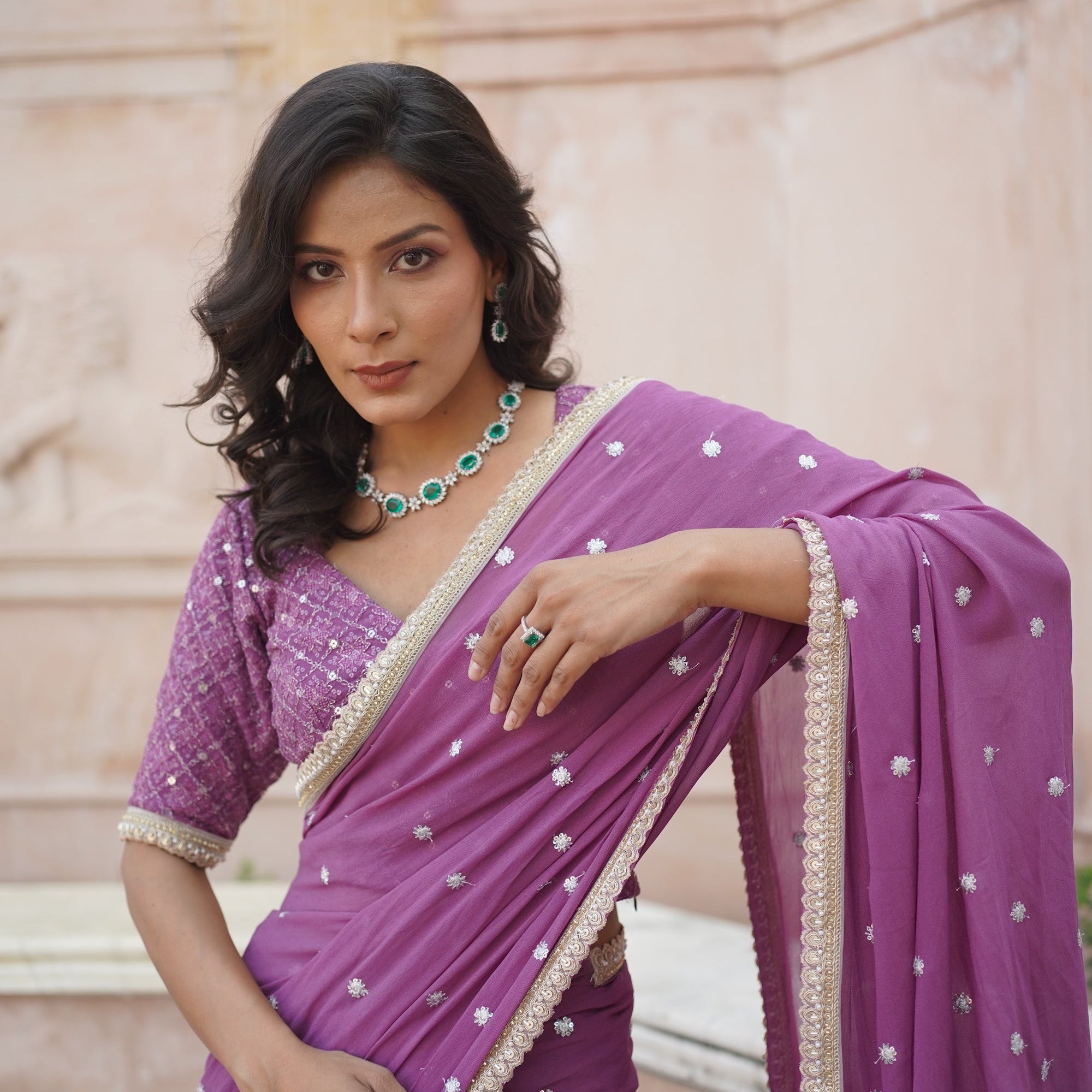 Onion Pink Embroidered Sari Ethnic Set