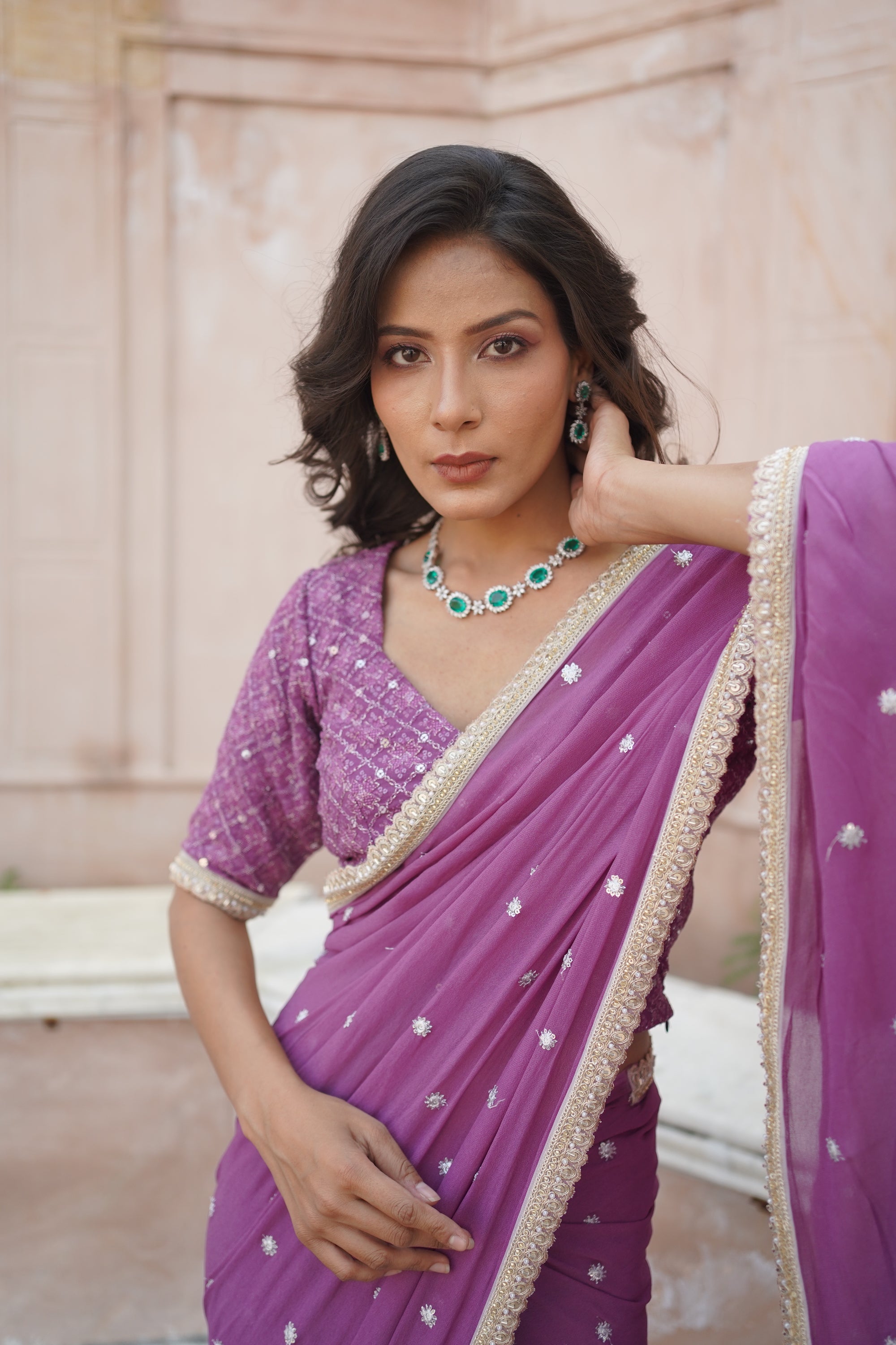 Onion Pink Embroidered Sari Ethnic Set