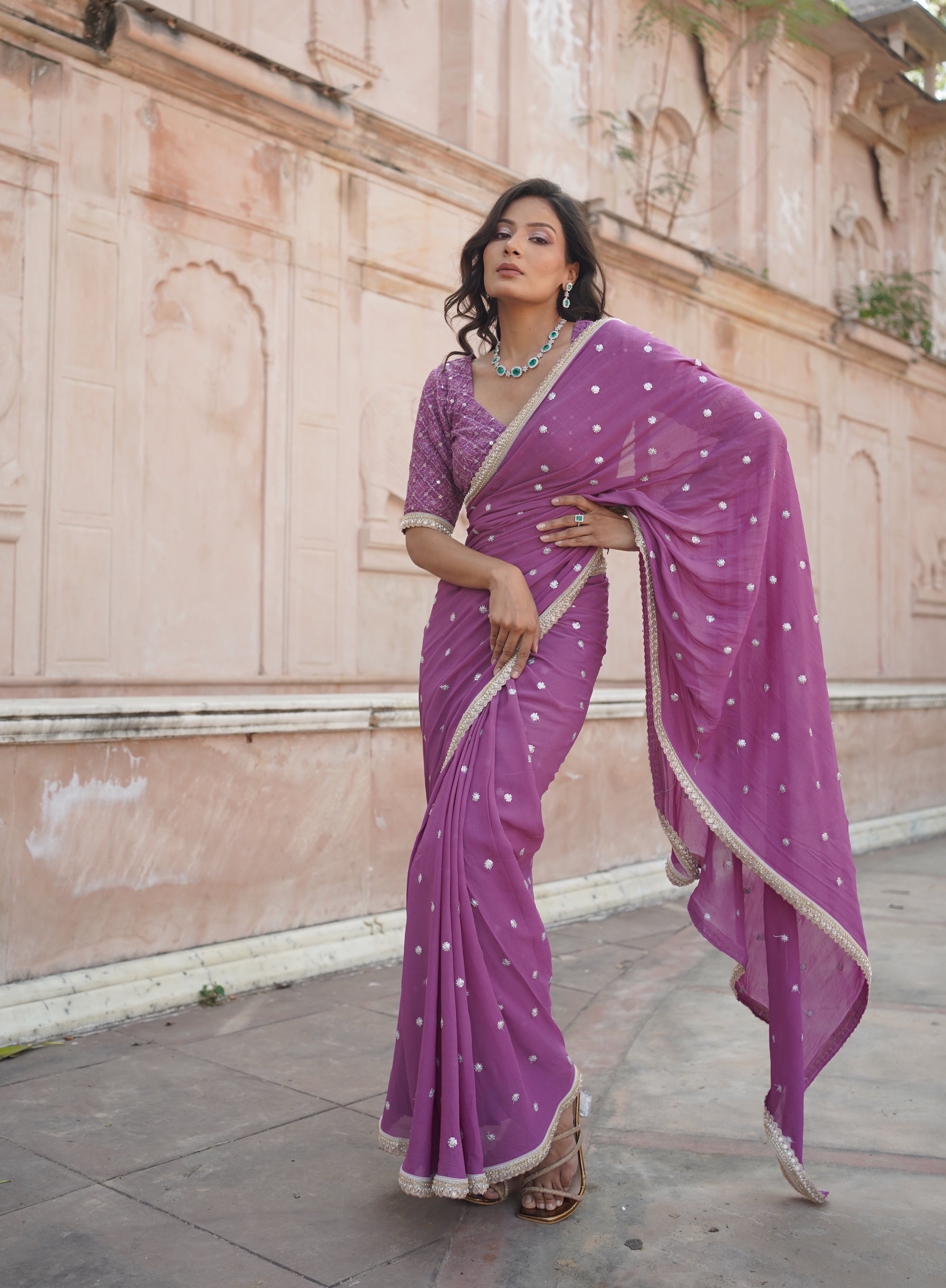 Onion Pink Embroidered Sari Ethnic Set