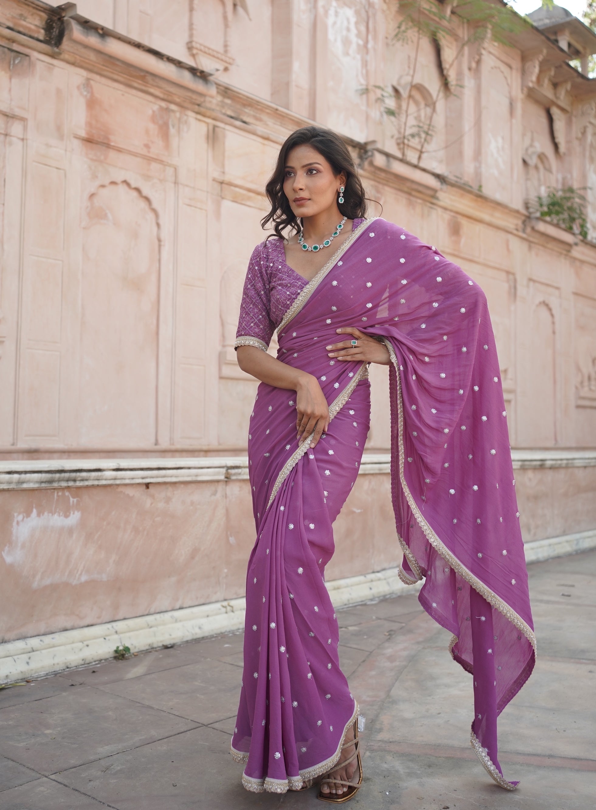 Onion Pink Embroidered Sari Ethnic Set