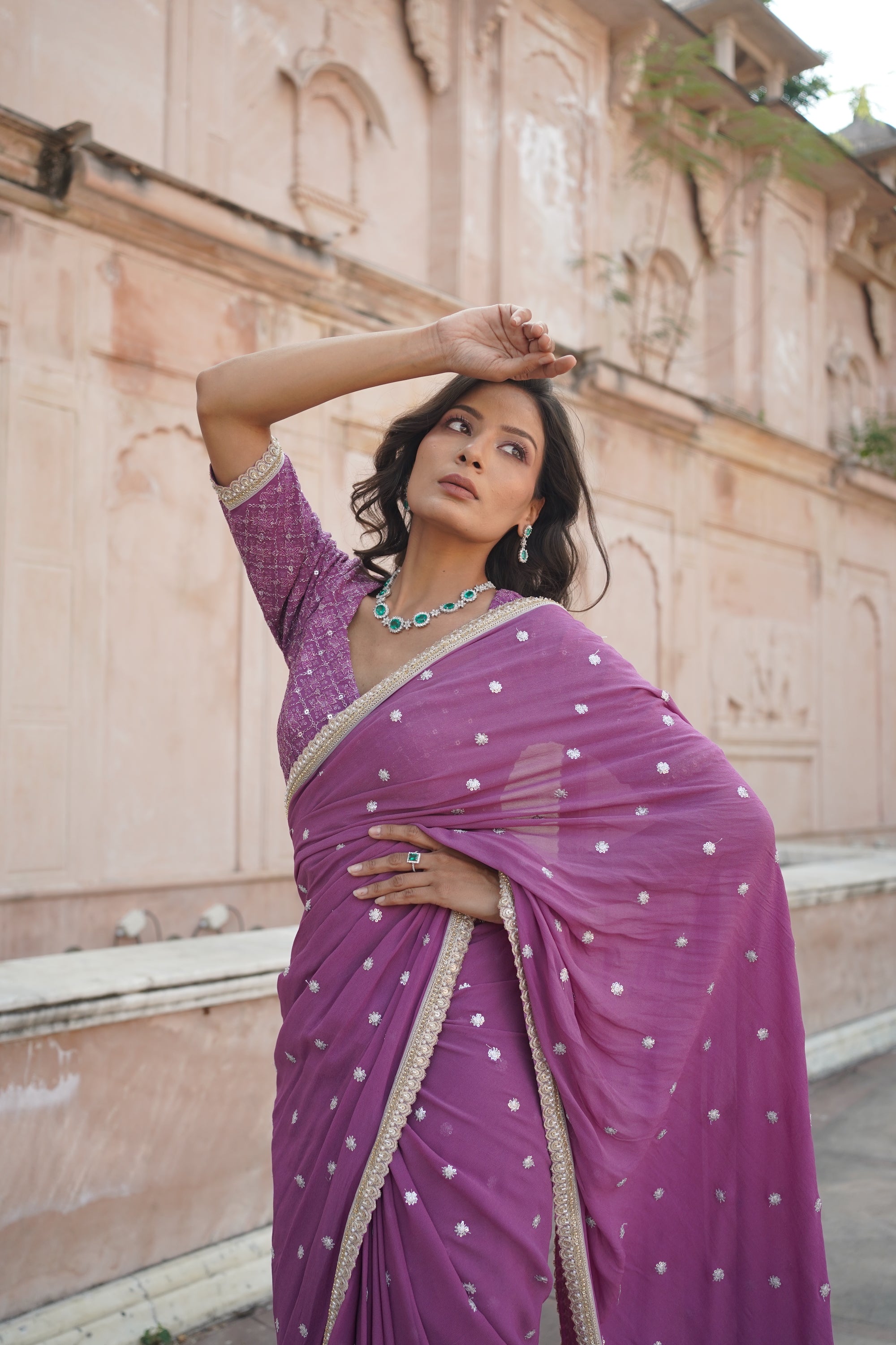 Onion Pink Embroidered Sari Ethnic Set