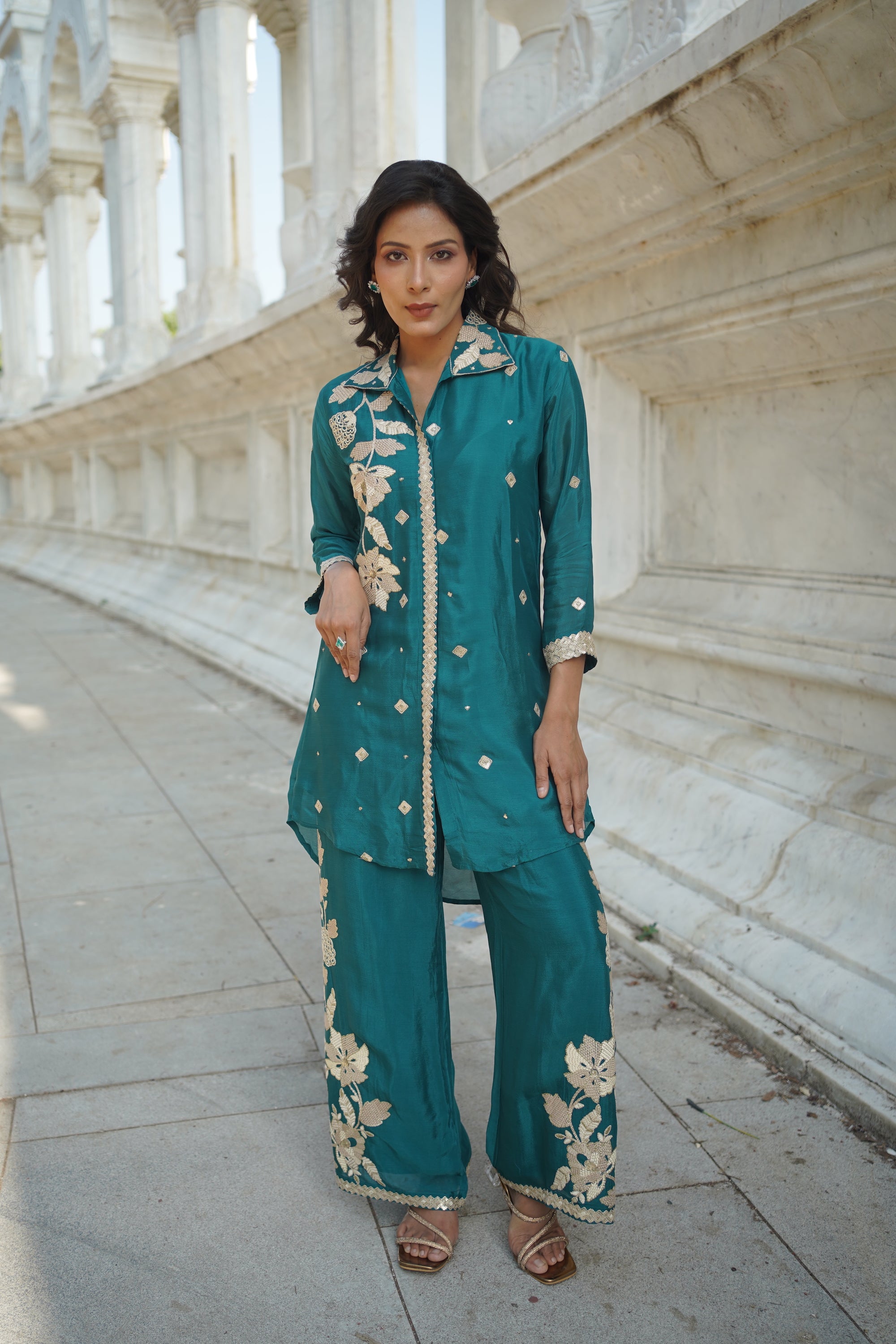 Teal Green Embroidered Ethnic Coord Set