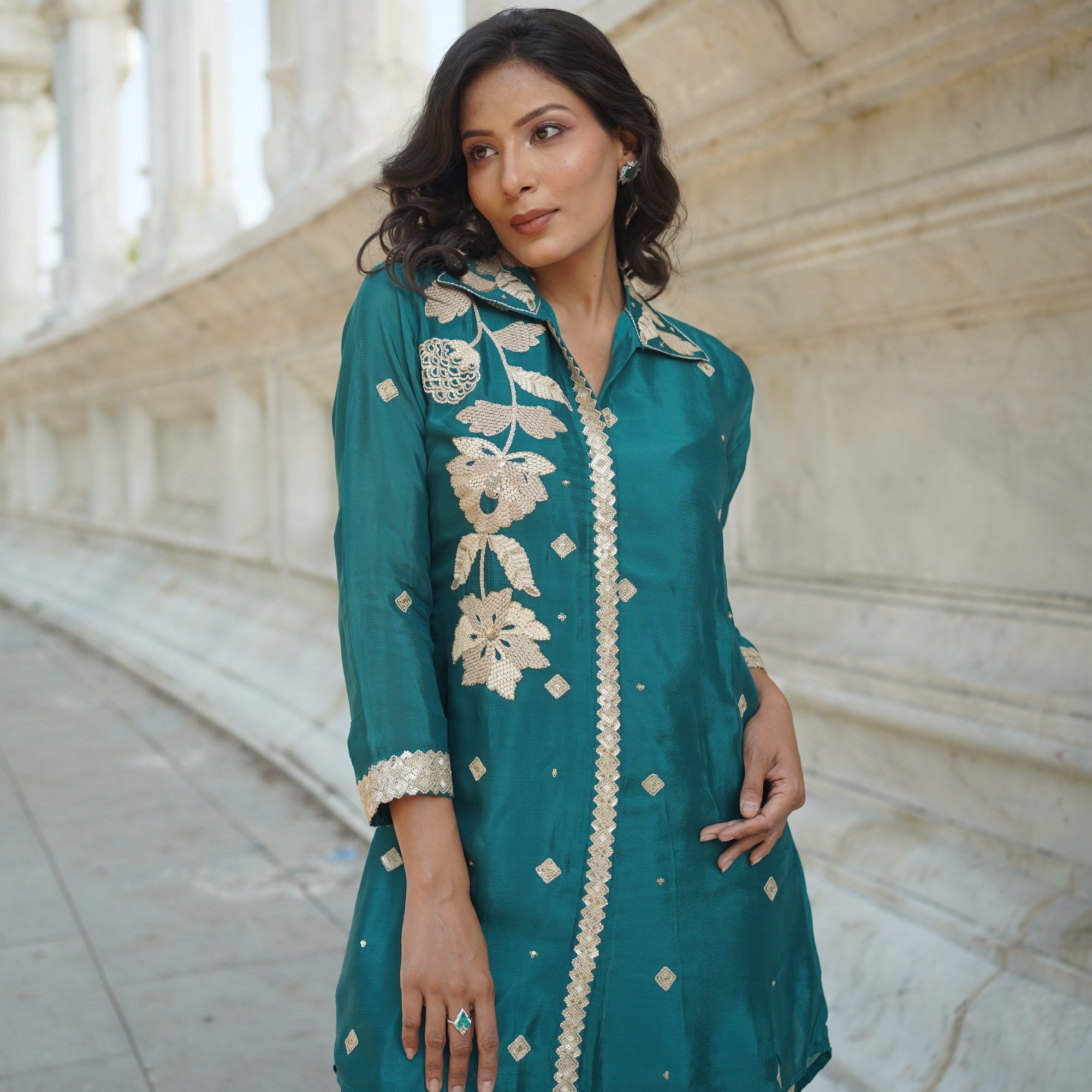 Teal Green Embroidered Ethnic Coord Set