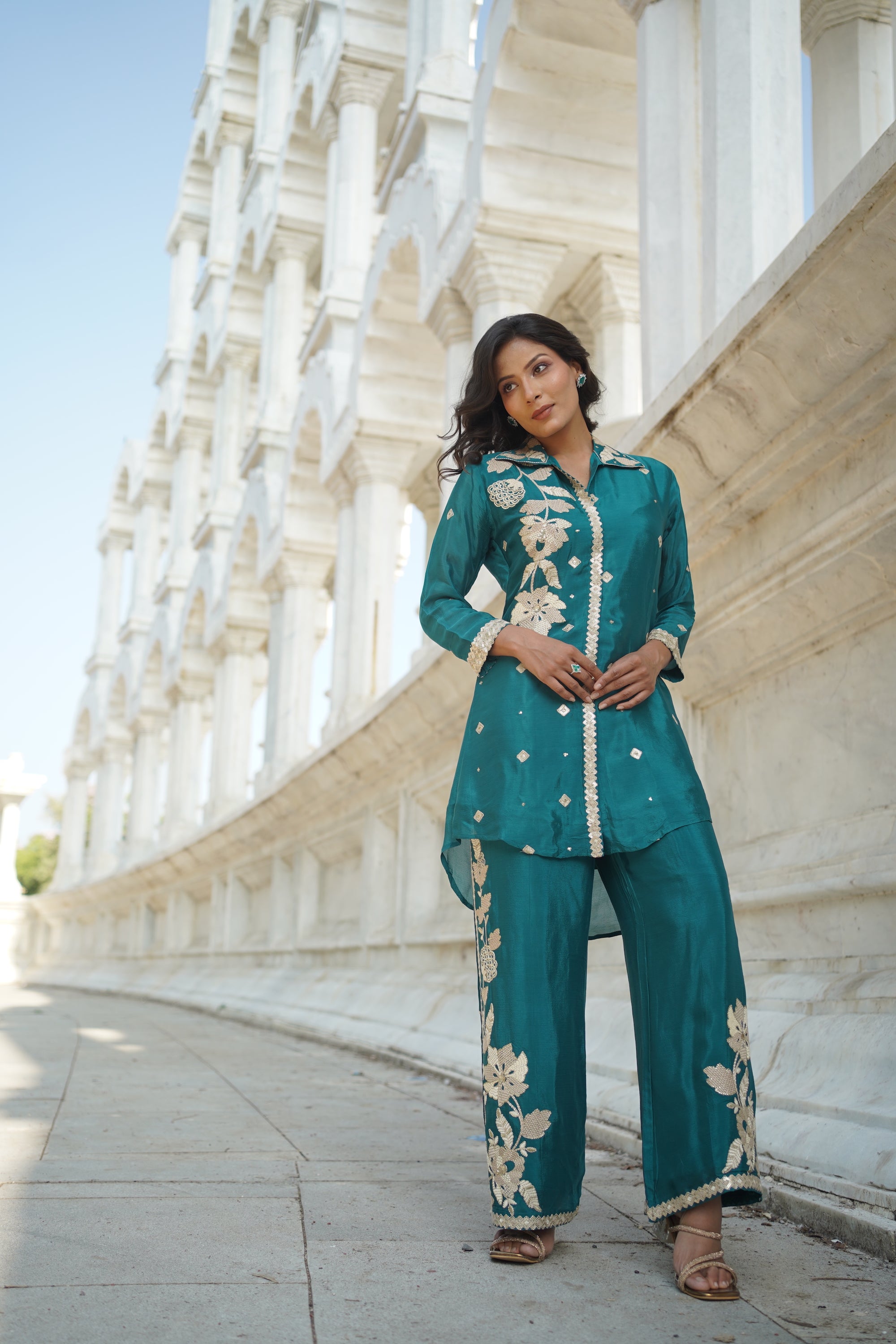 Teal Green Embroidered Ethnic Coord Set
