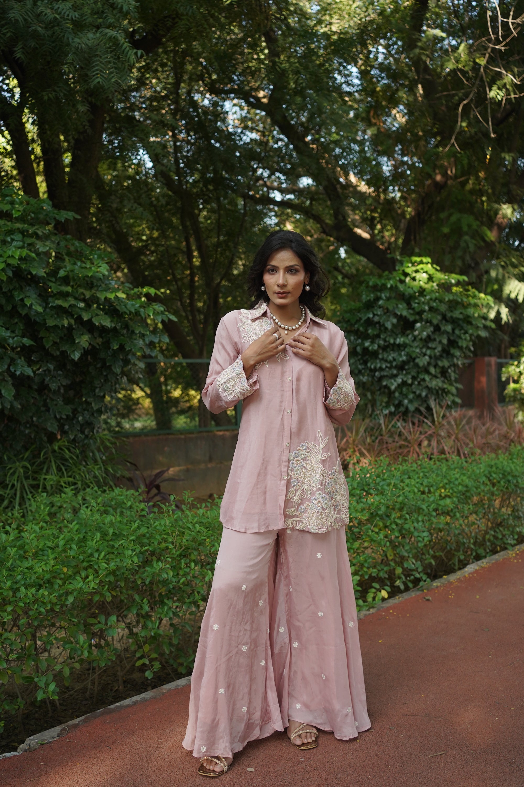 Soft Pink Pearl Embroidered Ethnic Coord Set