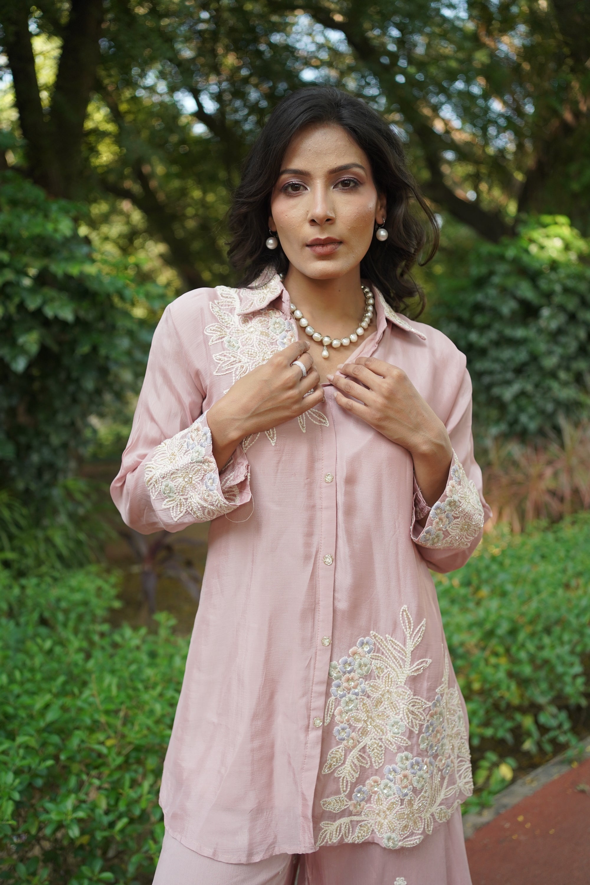 Soft Pink Pearl Embroidered Ethnic Coord Set