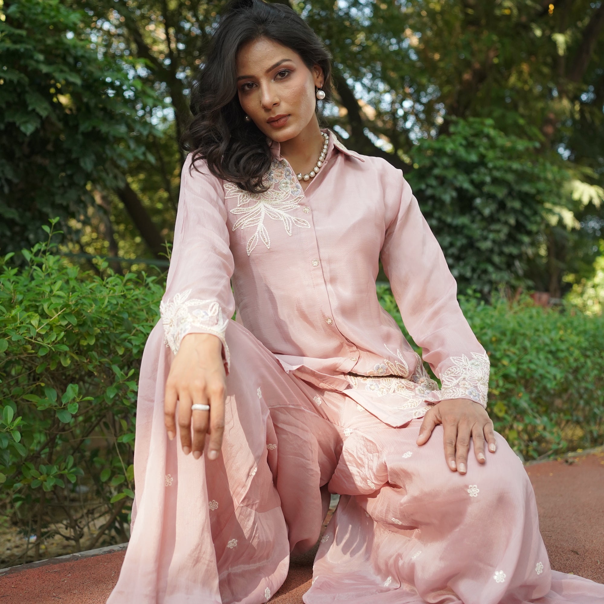 Soft Pink Pearl Embroidered Ethnic Coord Set