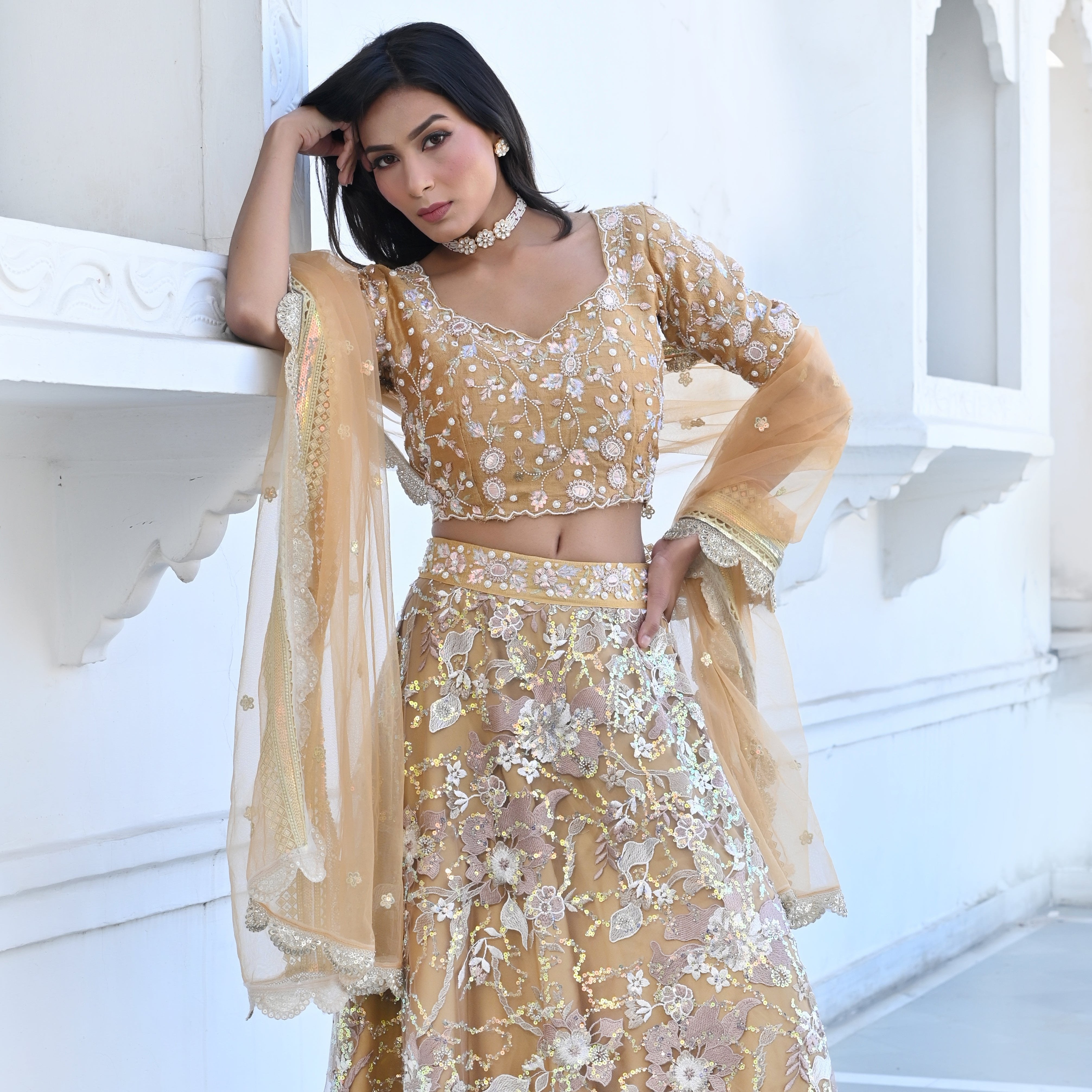 Gold Embroidered Blouse Lehenga Ethnic Set