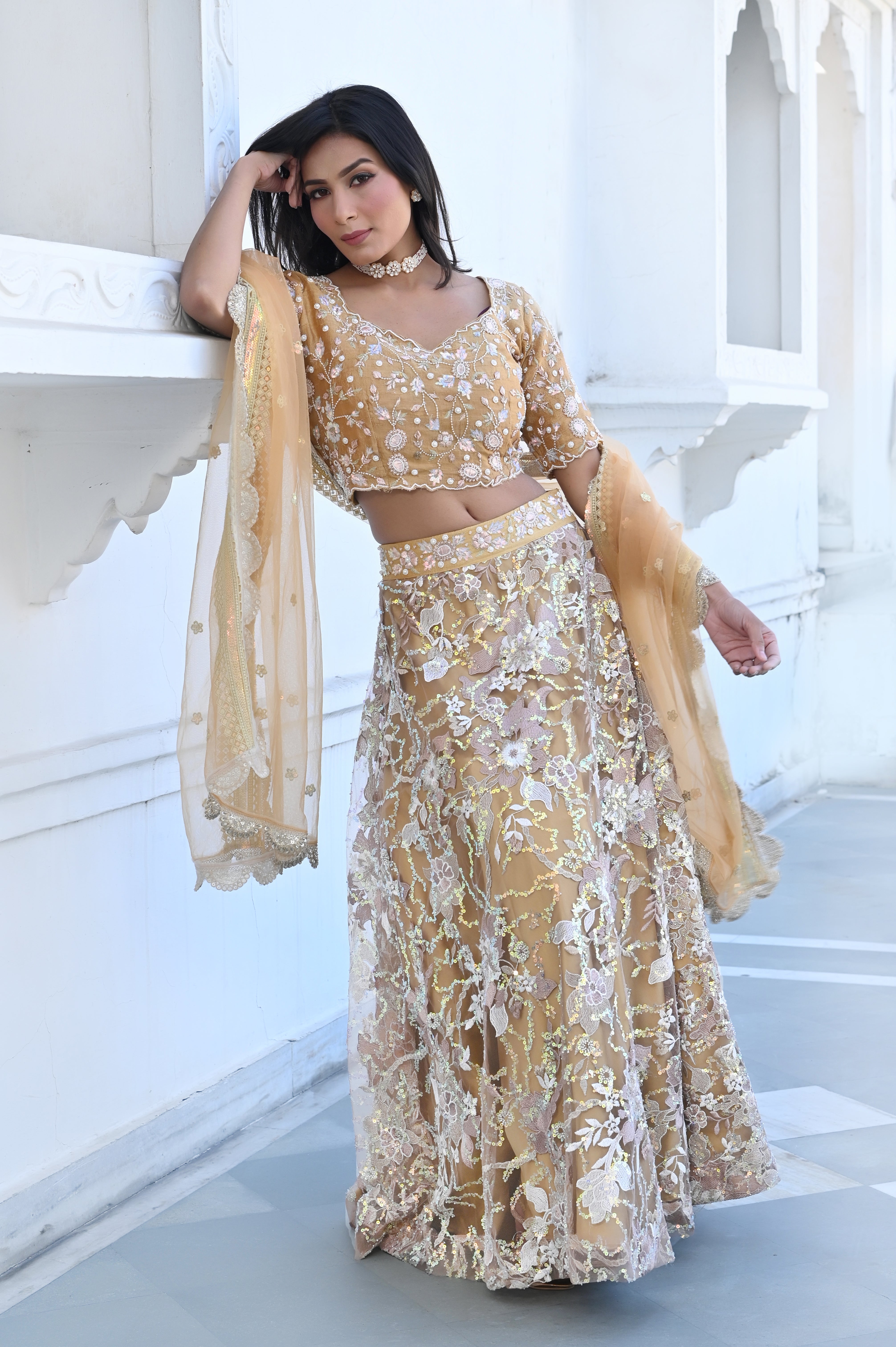 Gold Embroidered Blouse Lehenga Ethnic Set
