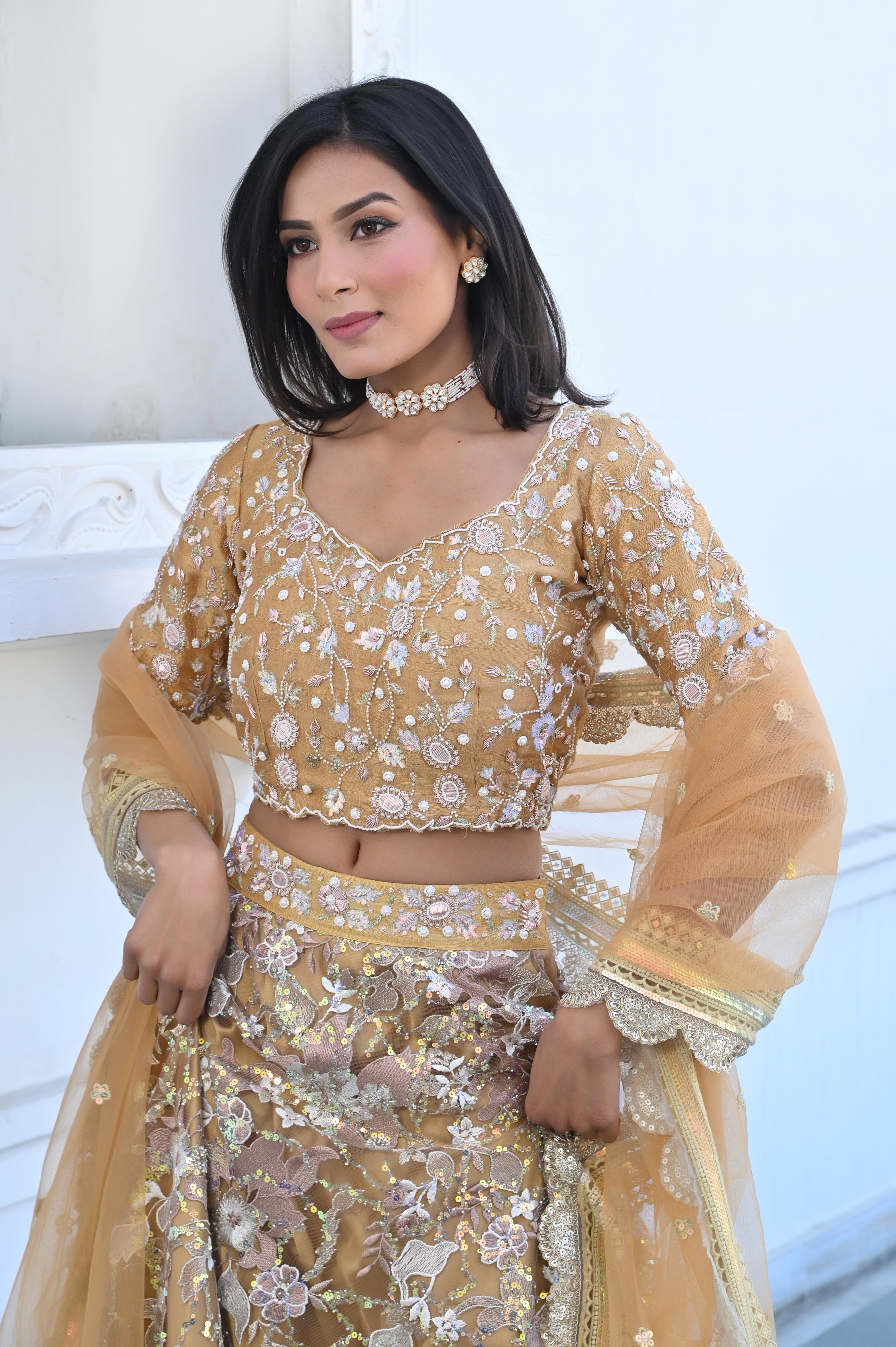 Gold Embroidered Blouse Lehenga Ethnic Set