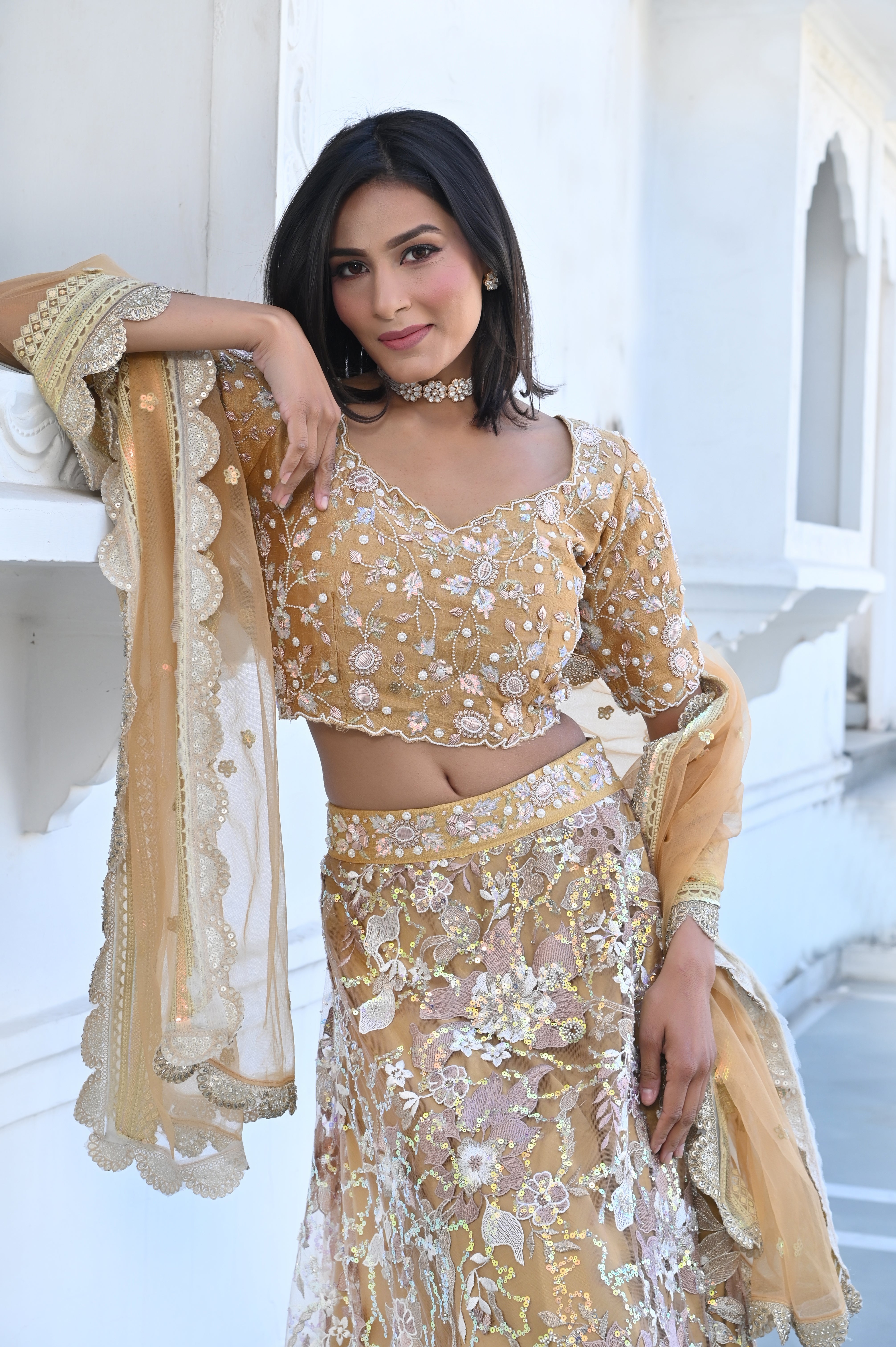Gold Embroidered Blouse Lehenga Ethnic Set