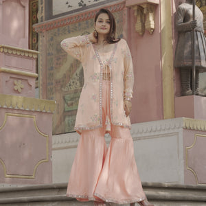 Peach Embroidered Kurta Garara Ethnic Set