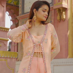 Peach Embroidered Kurta Garara Ethnic Set