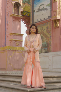 Peach Embroidered Kurta Garara Ethnic Set