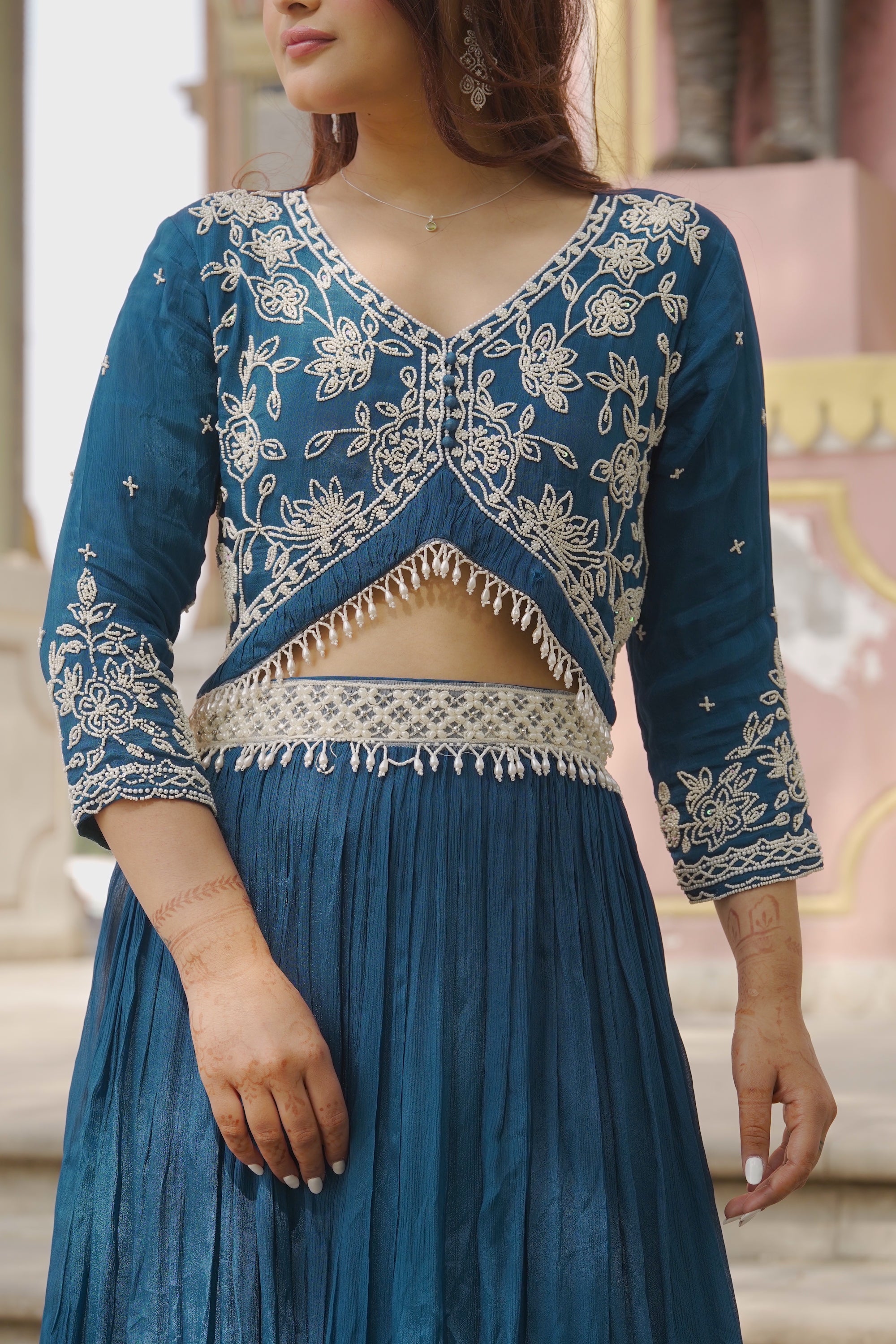 Electric Blue Crop Top Lehenga Ethnic Set